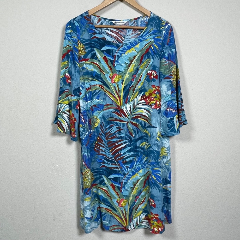 Jams World Kamuela Tropical Dress Womens Small Blue Floral Bell Sleeve Rayon